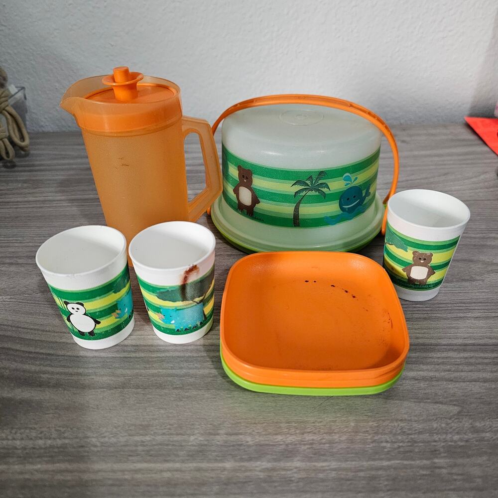 Tupperware Toys Kids Play Set Orange Green Panda Pitcher Cake Carrier Cup Plates